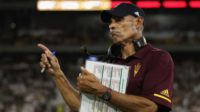 TEMPE, AZ - SEPTEMBER 08: Head coach Herm Edwards of the Arizona State Sun Devils calls a time out during the second half of the college football game against the Michigan State Spartans at Sun Devil Stadium on September 8, 2018 in Tempe, Arizona. The Sun Devils defeated the Spartans 16-13.