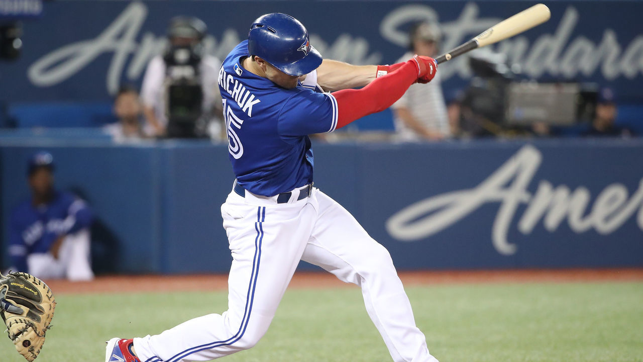 TORONTO, ON - JUNE 30: Randal Grichuk #15 of the Toronto Blue Jays hits a two-run home run in the fifth inning during MLB game action against the Detroit Tigers at Rogers Centre on June 30, 2018 in Toronto, Canada.