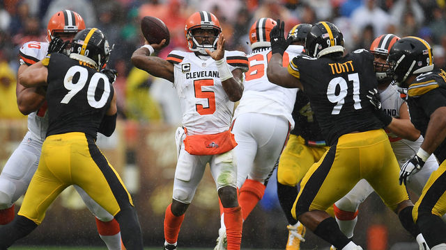 CLEVELAND, OH - SEPTEMBER 09: Tyrod Taylor #5 of the Cleveland Browns drops back to pass during the second quarter against the Pittsburgh Steelers at FirstEnergy Stadium on September 9, 2018 in Cleveland, Ohio.