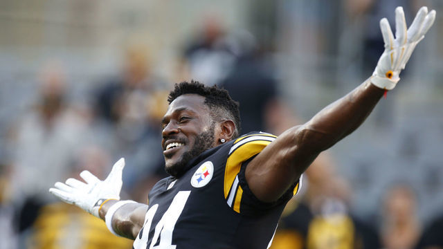 PITTSBURGH, PA - AUGUST 30: Antonio Brown #84 of the Pittsburgh Steelers jokes around before a preseason game against the Carolina Panthers on August 30, 2018 at Heinz Field in Pittsburgh, Pennsylvania.