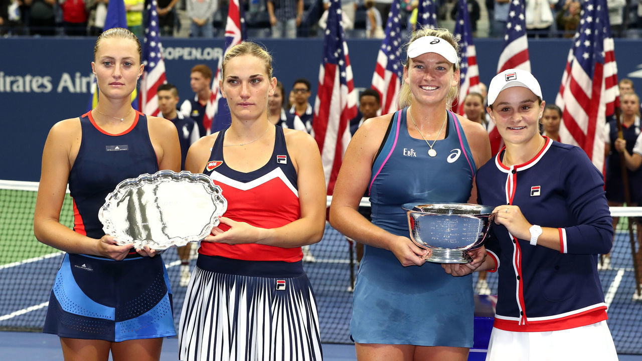 NEW YORK, NY - SEPTEMBER 09: Ashleigh Barty of Australia and Coco Vandeweghe of the United States pose for photos with Timea Babos of Hungary and Kristina Mladenovic of France after the women's doubles final on Day Fourteen of the 2018 US Open at the USTA Billie Jean King National Tennis Center on September 9, 2018 in the Flushing neighborhood of the Queens borough of New York City.