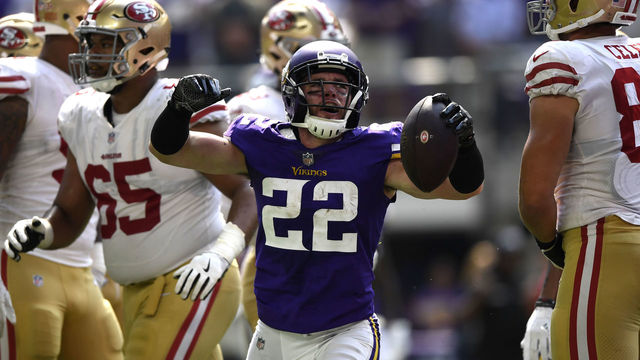 MINNEAPOLIS, MN - SEPTEMBER 09: Harrison Smith #22 of the Minnesota Vikings celebrates after recovering a fumbled ball in the second quarter of the game against the San Francisco 49ers at U.S. Bank Stadium on September 9, 2018 in Minneapolis, Minnesota.