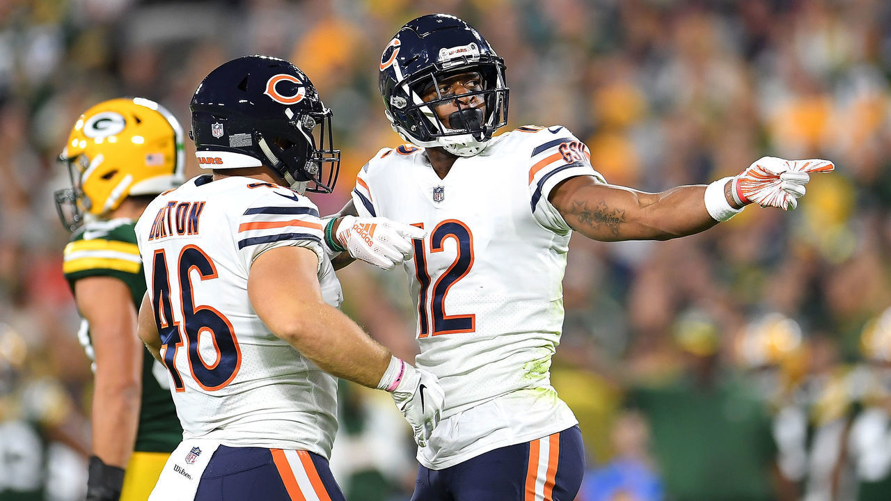 GREEN BAY, WI - SEPTEMBER 09: Allen Robinson #12 of the Chicago Bears reacts after catching a pass for a first down during the second quarter of a game against the Green Bay Packers at Lambeau Field on September 9, 2018 in Green Bay, Wisconsin.