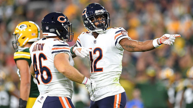 GREEN BAY, WI - SEPTEMBER 09: Allen Robinson #12 of the Chicago Bears reacts after catching a pass for a first down during the second quarter of a game against the Green Bay Packers at Lambeau Field on September 9, 2018 in Green Bay, Wisconsin.
