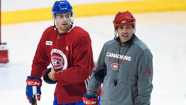 BROSSARD, QC - JUNE 30: Montreal Canadiens Prospect Centre Ryan Poehling (44) has a discussion with coach Joel Bouchard during the Montreal Canadiens Development Camp on June 30, 2018, at Bell Sports Complex in Brossard, QC