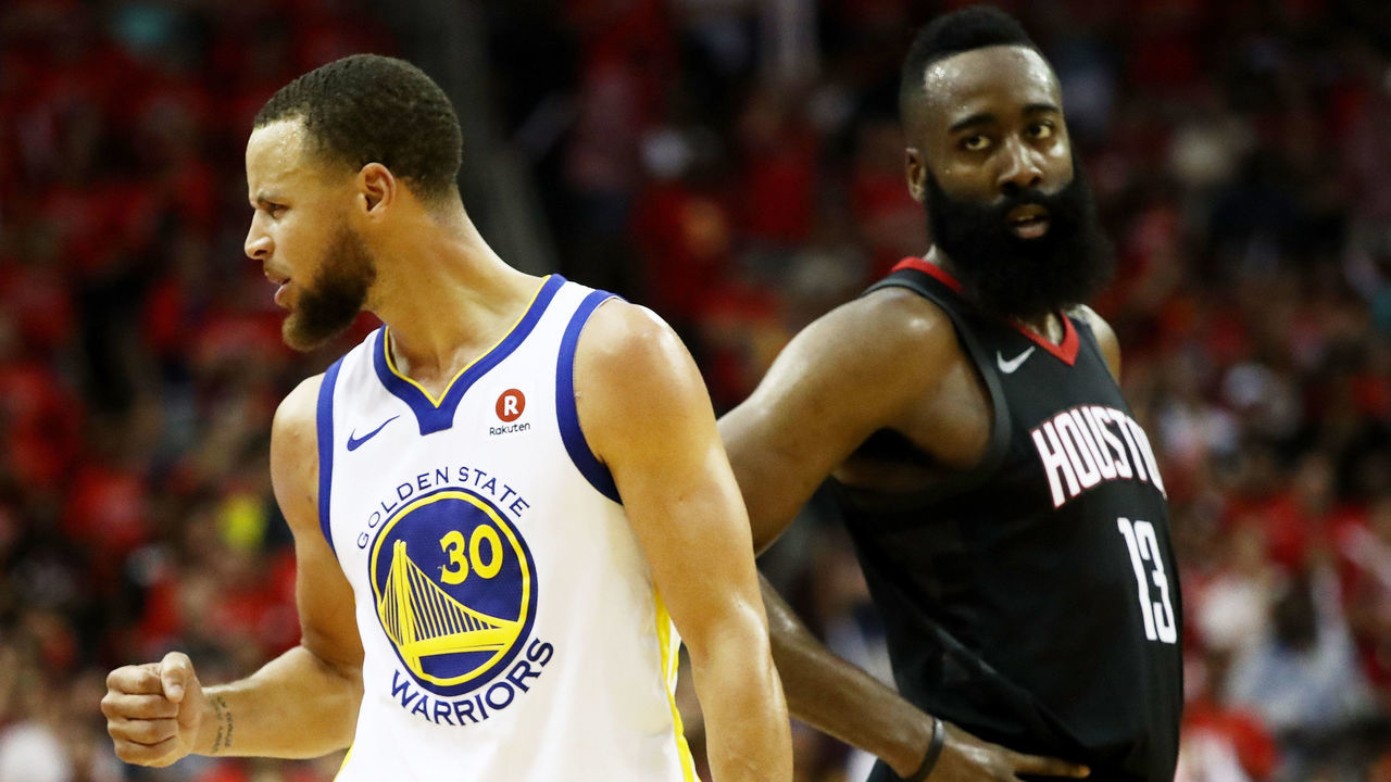 HOUSTON, TX - MAY 28: Stephen Curry #30 of the Golden State Warriors reacts as James Harden #13 of the Houston Rockets looks on in the third quarter of Game Seven of the Western Conference Finals of the 2018 NBA Playoffs at Toyota Center on May 28, 2018 in Houston, Texas.