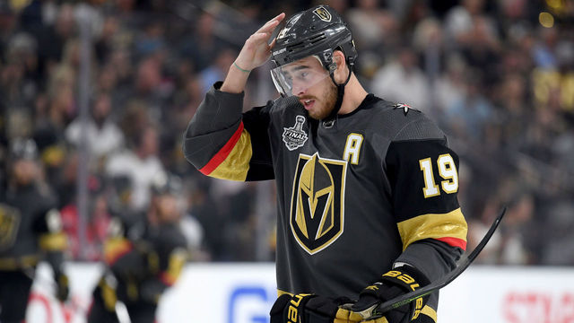 LAS VEGAS, NV - MAY 30: Reilly Smith #19 of the Vegas Golden Knights reacts during the first period against the Washington Capitals \in Game Two of the 2018 NHL Stanley Cup Final at T-Mobile Arena on May 30, 2018 in Las Vegas, Nevada.
