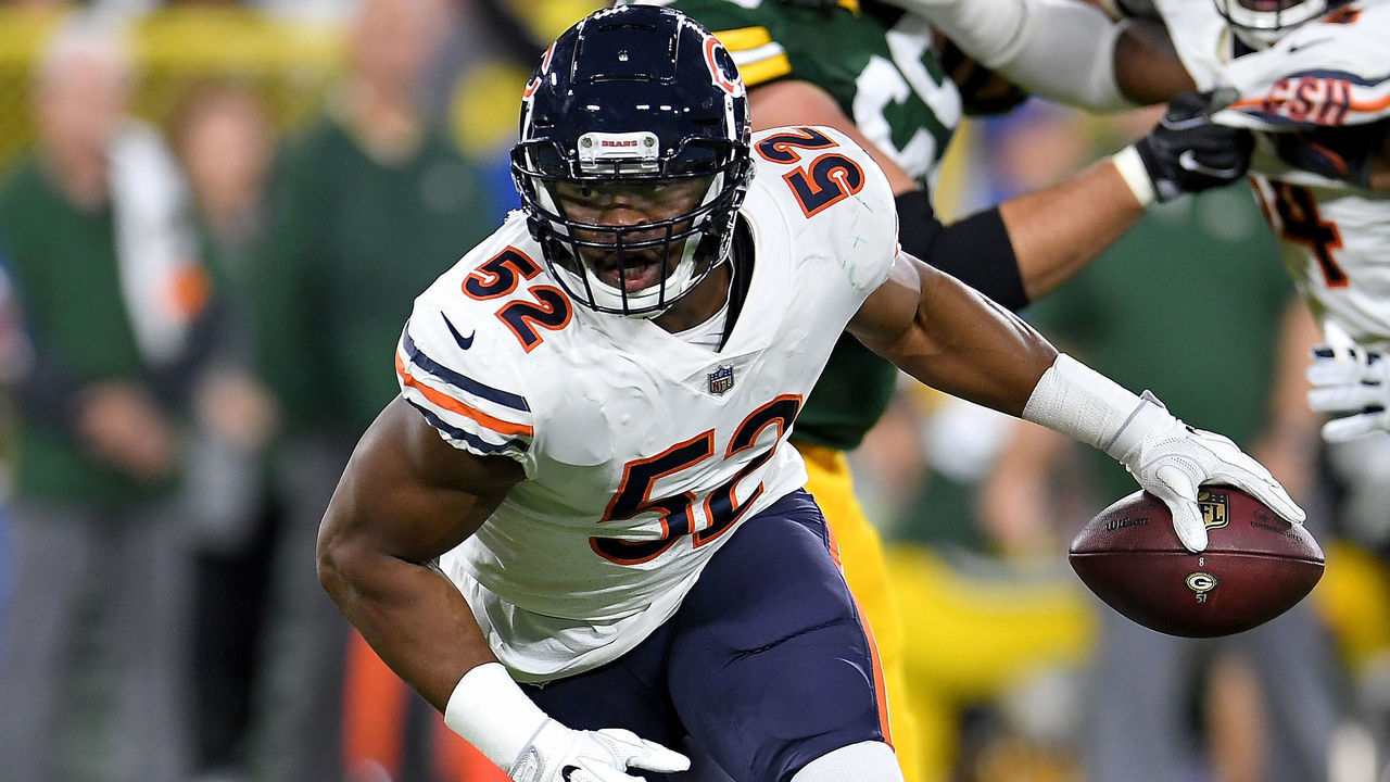 GREEN BAY, WI - SEPTEMBER 09: Khalil Mack #52 of the Chicago Bears reacts after sacking Aaron Rodgers #12 during the second quarter of a game at Lambeau Field on September 9, 2018 in Green Bay, Wisconsin.