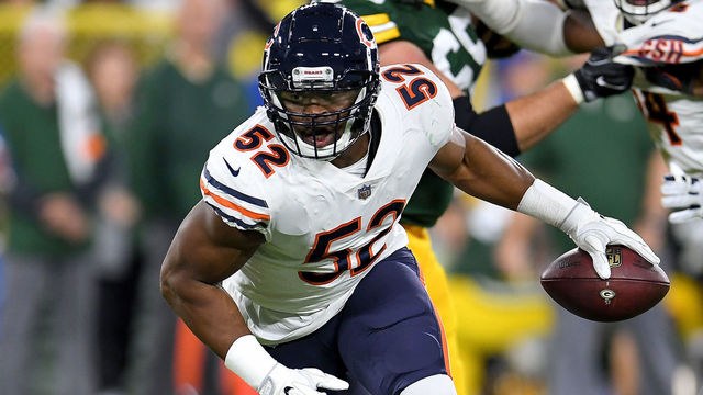 GREEN BAY, WI - SEPTEMBER 09: Khalil Mack #52 of the Chicago Bears reacts after sacking Aaron Rodgers #12 during the second quarter of a game at Lambeau Field on September 9, 2018 in Green Bay, Wisconsin.