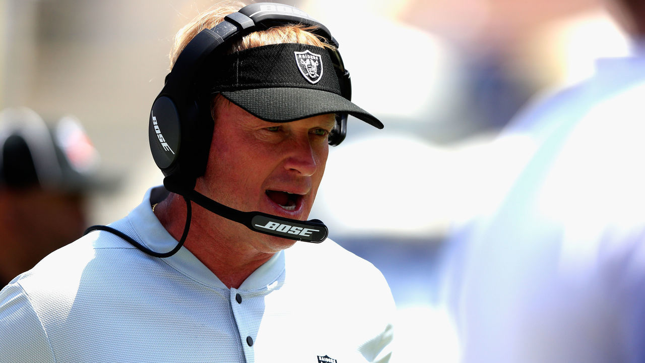 LOS ANGELES, CA - AUGUST 18: Head coach Jon Gruden of the Oakland Raiders coaches from the sideline during the first half of a preseason game against the Los Angeles Rams at Los Angeles Memorial Coliseum on August 18, 2018 in Los Angeles, California.
