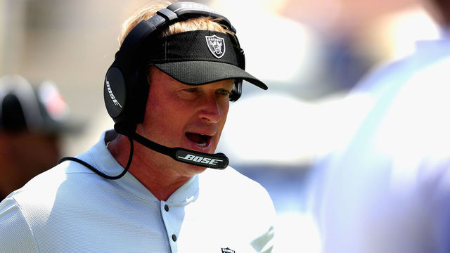 LOS ANGELES, CA - AUGUST 18: Head coach Jon Gruden of the Oakland Raiders coaches from the sideline during the first half of a preseason game against the Los Angeles Rams at Los Angeles Memorial Coliseum on August 18, 2018 in Los Angeles, California.