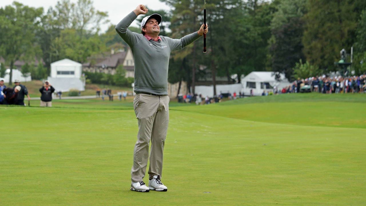 NEWTOWN SQUARE, PA - SEPTEMBER 10: Keegan Bradley reacts after winning in a one hole playoff of the weather delayed final round of the BMW Championship at Aronimink Golf Club on September 10, 2018 in Newtown Square, Pennsylvania.