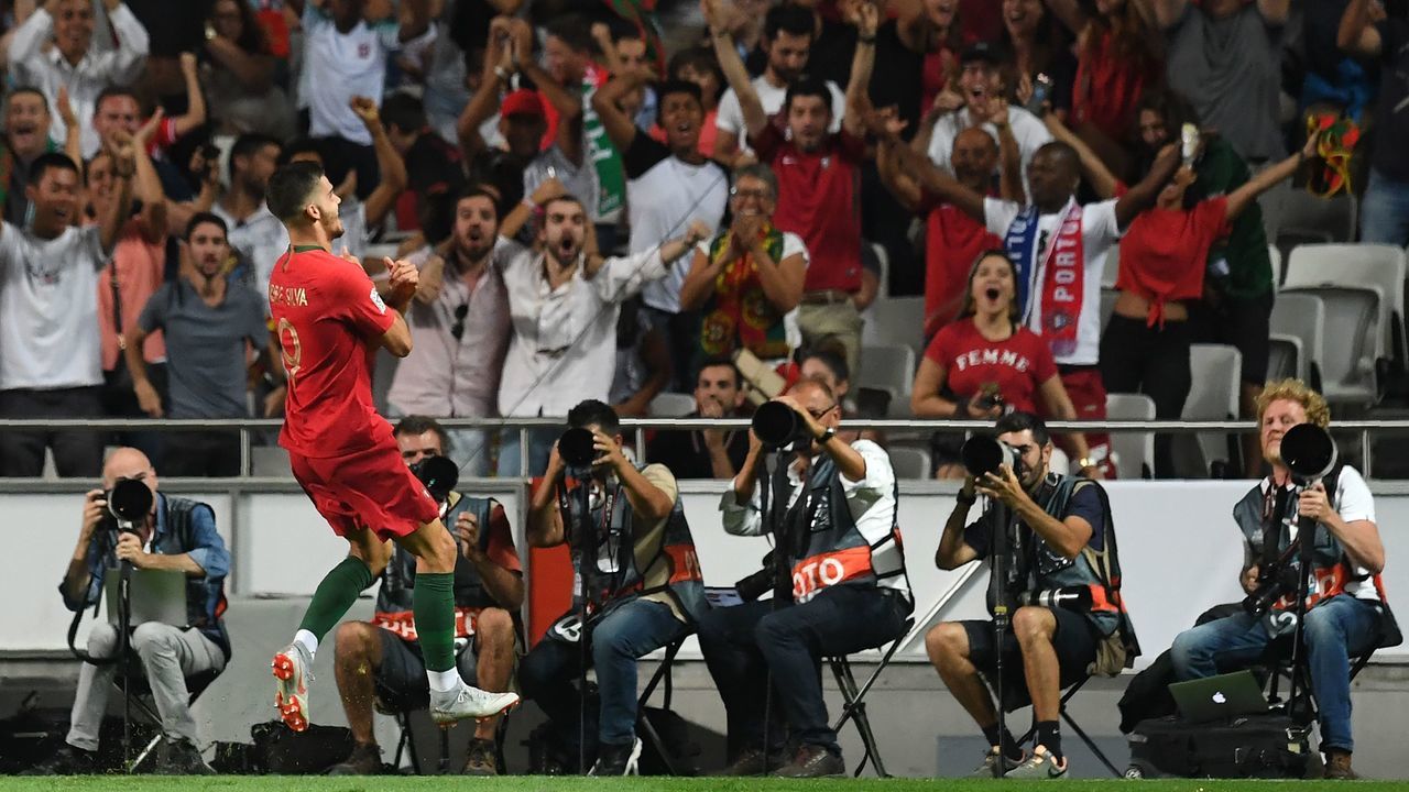 Portuguese forward Andre Silva celebrates a goal during the UEFA Nations League football match between Portugal and Italy at the Luz stadium in Lisbon on September 10, 2018.