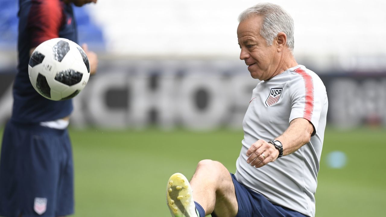 US head coach Dave Sarachan controls the ball during a training session of the US national football team, on June 8, 2018, at the Groupama Stadium in Decines-Charpieu near Lyon, central-eastern France, on the eve of the international friendly football match between France and United States.