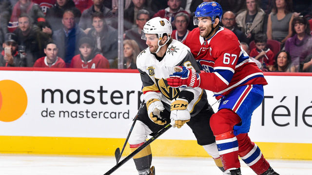 MONTREAL, QC - NOVEMBER 07: Max Pacioretty #67 of the Montreal Canadiens challenges Colin Miller #6 of the Vegas Golden Knights during the NHL game at the Bell Centre on November 7, 2017 in Montreal, Quebec, Canada.