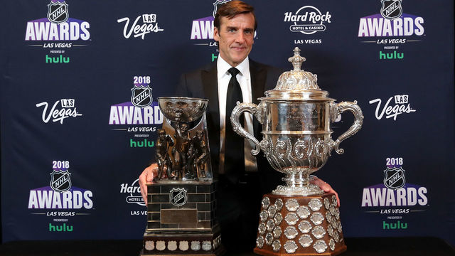 LAS VEGAS, NV - JUNE 20: General manager George McPhee of the Vegas Golden Knights poses in the press room at the 2018 NHL Awards presented by Hulu at the Hard Rock Hotel & Casino on June 20, 2018 in Las Vegas, Nevada.