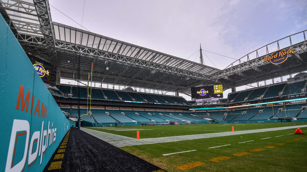 MIAMI, FL - AUGUST 09: A rain storm before the preseason game between the Miami Dolphins and the Tampa Bay Buccaneers at Hard Rock Stadium on August 9, 2018 in Miami, Florida.