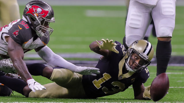 NEW ORLEANS, LA - SEPTEMBER 09: New Orleans Saints wide receiver Michael Thomas (13) fumblers the ball and Tampa Bay Buccaneers recovery during the first half on September 09, 2018 at the Mercedes-Benz Superdome in New Orleans, LA.