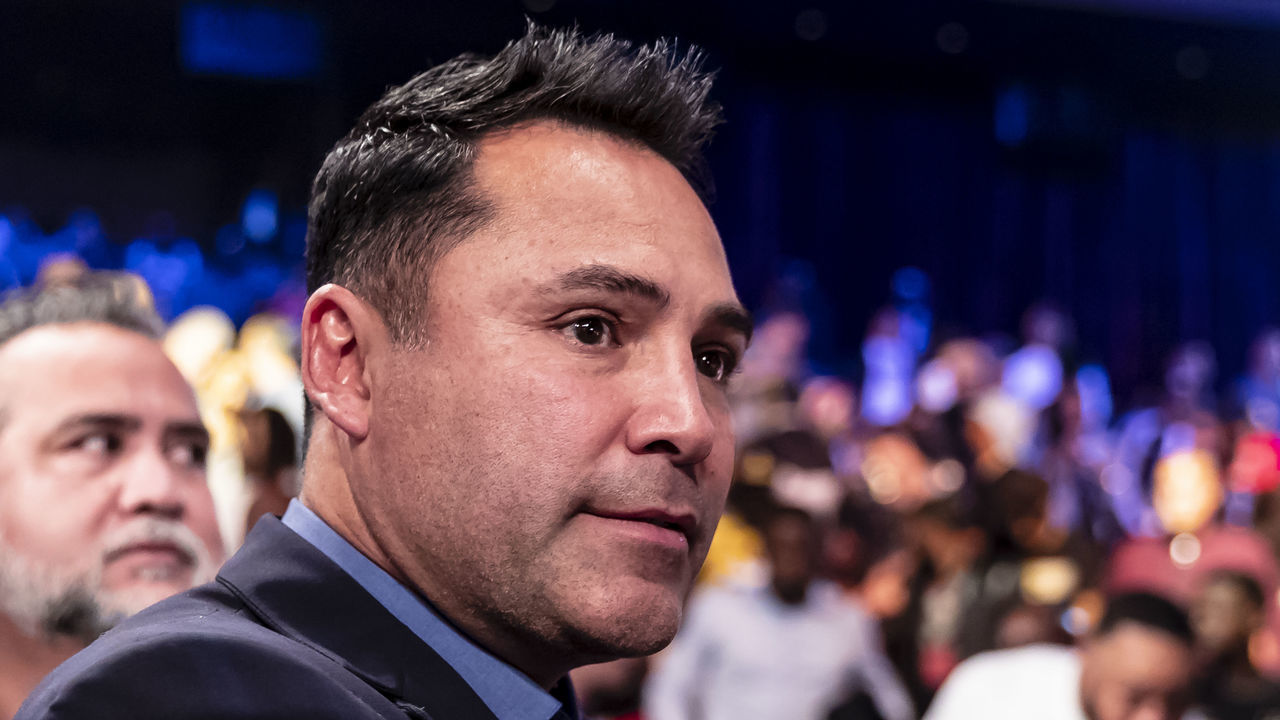 OXON HILL, MD - MAY 19: Oscar De La Hoya looks on after the WBC featherweight title bout between Gary Russell Jr. and Joseph Diaz Jr. on May 19, 2018 in Oxon Hill, Maryland. Russell won by unanimous decision.