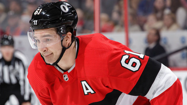 OTTAWA, ON - FEBRUARY 17: Mark Stone #61 of the Ottawa Senators looks on in a game against the New York Rangers at Canadian Tire Centre on February 17, 2018 in Ottawa, Ontario, Canada. *** Local Caption ***