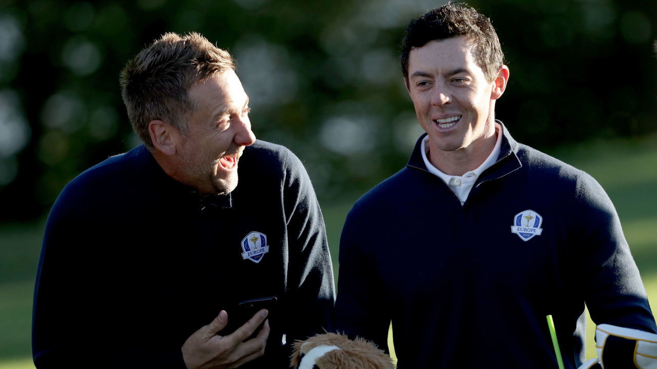 CHASKA, MN - SEPTEMBER 27: (L-R) Ian Poulter, Rory McIlroy and Andy Sullivan joke with each other during team photocalls prior to the 2016 Ryder Cup at Hazeltine National Golf Club on September 27, 2016 in Chaska, Minnesota.
