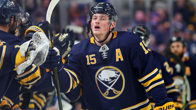BUFFALO, NY - JANUARY 9: Jack Eichel #15 of the Buffalo Sabres celebrates after scoring a goal against the Winnipeg Jets in the first period at the KeyBank Center on January 9, 2018 in Buffalo, New York.