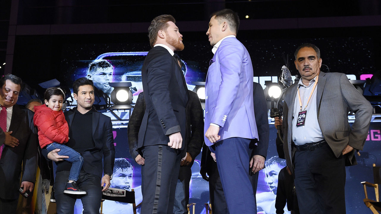 LOS ANGELES, CA - FEBRUARY 27: Boxers Canelo Alvarez (L) and Gennady Golovkin face off after a news conference at Microsoft Theater at L.A. Live to announce their upcoming rematch on February 27, 2018 in Los Angeles, California.