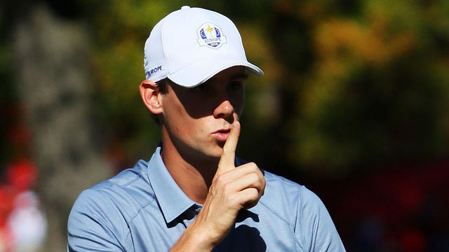 CHASKA, MN - OCTOBER 02: Thomas Pieters of Europe gestures to the crowd on the third green during singles matches of the 2016 Ryder Cup at Hazeltine National Golf Club on October 2, 2016 in Chaska, Minnesota.