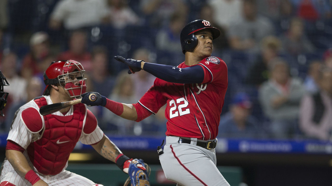 PHILADELPHIA, PA - SEPTEMBER 11: Juan Soto #22 of the Washington Nationals hits a two run home run in the top of the fourth inning against the Philadelphia Phillies in game two of the doubleheader at Citizens Bank Park on September 11, 2018 in Philadelphia, Pennsylvania.