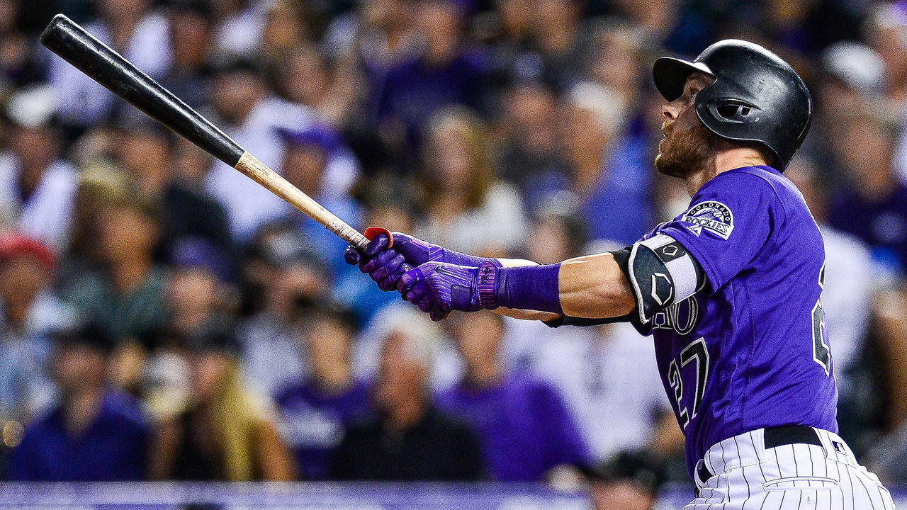 DENVER, CO - SEPTEMBER 10: Trevor Story #27 of the Colorado Rockies follows the flight of a three run homerun against the Arizona Diamondbacks in the fifth inning of a game at Coors Field on September 10, 2018 in Denver, Colorado.