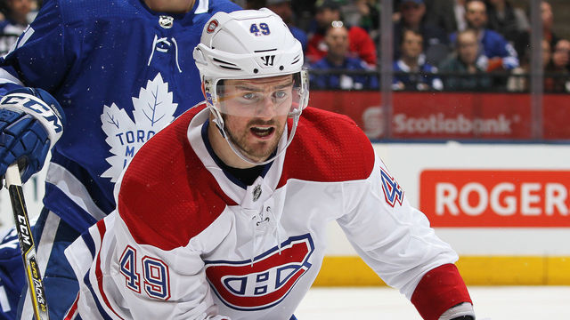 TORONTO, ON - MARCH 17: Logan Shaw #49 of the Montreal Canadiens skates against the Toronto Maple Leafs during an NHL game at the Air Canada Centre on March 17, 2018 in Toronto, Ontario, Canada. The Maple Leafs defeated the Canadiens 4-0. *** Local Caption *** Logan Shaw