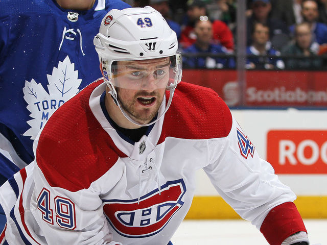 TORONTO, ON - MARCH 17: Logan Shaw #49 of the Montreal Canadiens skates against the Toronto Maple Leafs during an NHL game at the Air Canada Centre on March 17, 2018 in Toronto, Ontario, Canada. The Maple Leafs defeated the Canadiens 4-0. *** Local Caption *** Logan Shaw