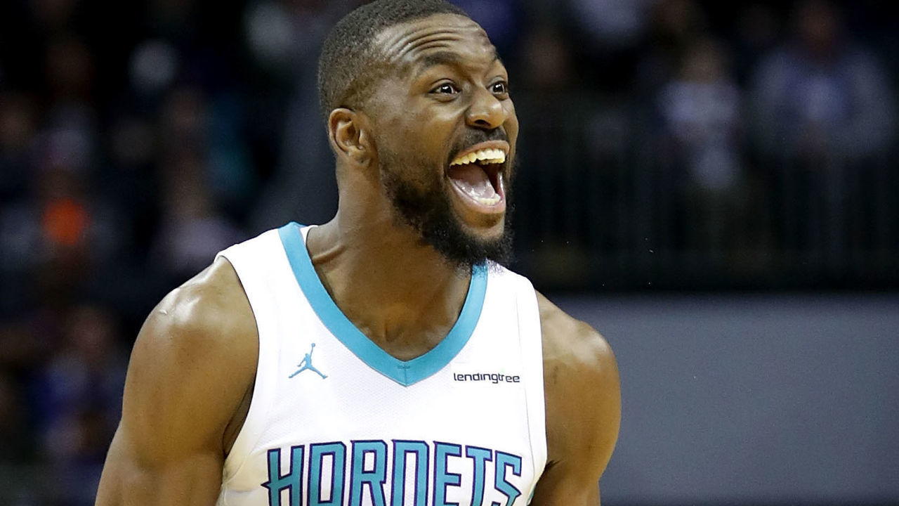CHARLOTTE, NC - MARCH 06: Kemba Walker #15 of the Charlotte Hornets reacts after a play against the Philadelphia 76ers during their game at Spectrum Center on March 6, 2018 in Charlotte, North Carolina.