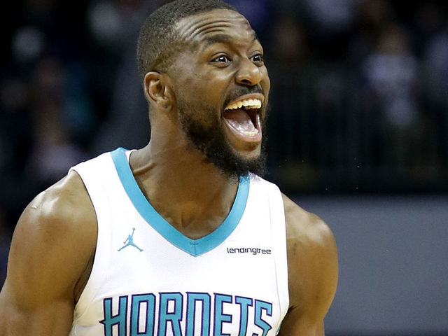CHARLOTTE, NC - MARCH 06: Kemba Walker #15 of the Charlotte Hornets reacts after a play against the Philadelphia 76ers during their game at Spectrum Center on March 6, 2018 in Charlotte, North Carolina.