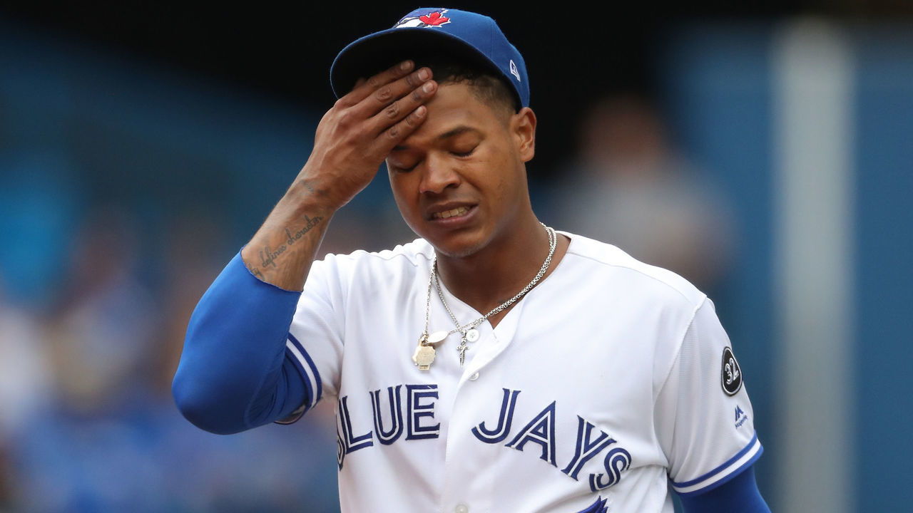 TORONTO, ON - JULY 21: Marcus Stroman #6 of the Toronto Blue Jays reacts in the seventh inning during MLB game action against the Baltimore Orioles at Rogers Centre on July 21, 2018 in Toronto, Canada.