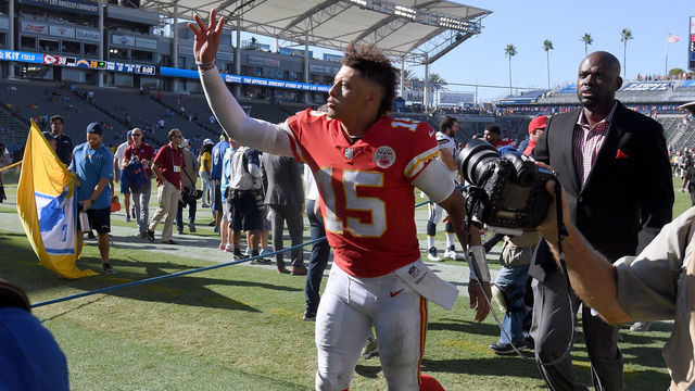 CARSON, CA - SEPTEMBER 09: Patrick Mahomes #15 of the Kansas City Chiefs reacts as he leaves the field after a 38-28 win over the Kansas City Chiefs at StubHub Center on September 9, 2018 in Carson, California.