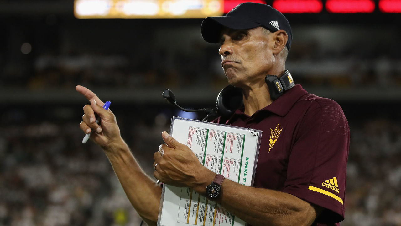 TEMPE, AZ - SEPTEMBER 08: Head coach Herm Edwards of the Arizona State Sun Devils calls a time out during the second half of the college football game against the Michigan State Spartans at Sun Devil Stadium on September 8, 2018 in Tempe, Arizona. The Sun Devils defeated the Spartans 16-13.