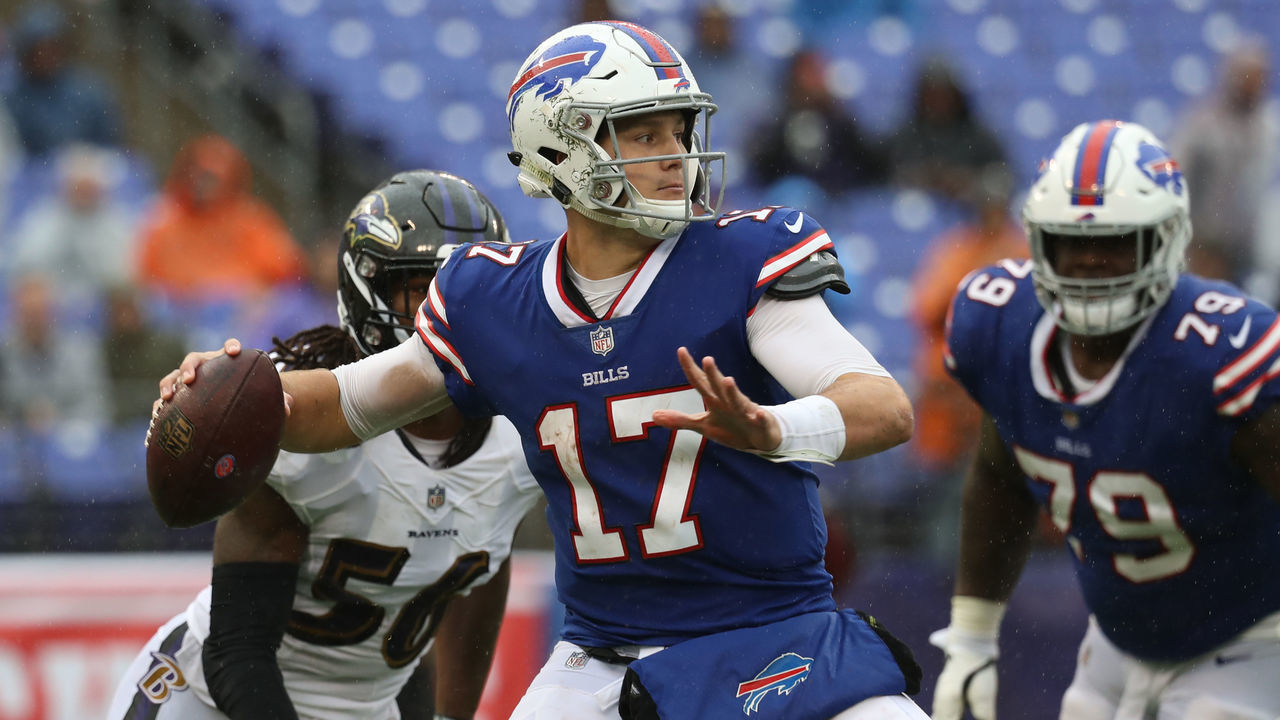 BALTIMORE, MD - SEPTEMBER 9: Josh Allen #17 of the Buffalo Bills throws the ball in the fourth quarter against the Baltimore Ravens at M&T Bank Stadium on September 9, 2018 in Baltimore, Maryland.