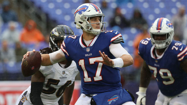 BALTIMORE, MD - SEPTEMBER 9: Josh Allen #17 of the Buffalo Bills throws the ball in the fourth quarter against the Baltimore Ravens at M&T Bank Stadium on September 9, 2018 in Baltimore, Maryland.