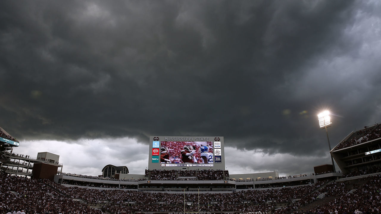 STARKVILLE, MS - SEPTEMBER 01: Storm clouds loom over Davis Wade Stadium before a game between the Mississippi State Bulldogs and the Stephen F. Austin Lumberjacks on September 1, 2018 in Starkville, Mississippi.