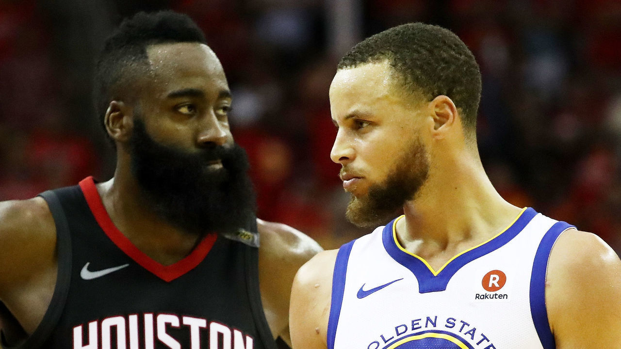 HOUSTON, TX - MAY 28: Stephen Curry #30 of the Golden State Warriors reacts as James Harden #13 of the Houston Rockets looks on in the third quarter of Game Seven of the Western Conference Finals of the 2018 NBA Playoffs at Toyota Center on May 28, 2018 in Houston, Texas.