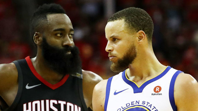 HOUSTON, TX - MAY 28: Stephen Curry #30 of the Golden State Warriors reacts as James Harden #13 of the Houston Rockets looks on in the third quarter of Game Seven of the Western Conference Finals of the 2018 NBA Playoffs at Toyota Center on May 28, 2018 in Houston, Texas.