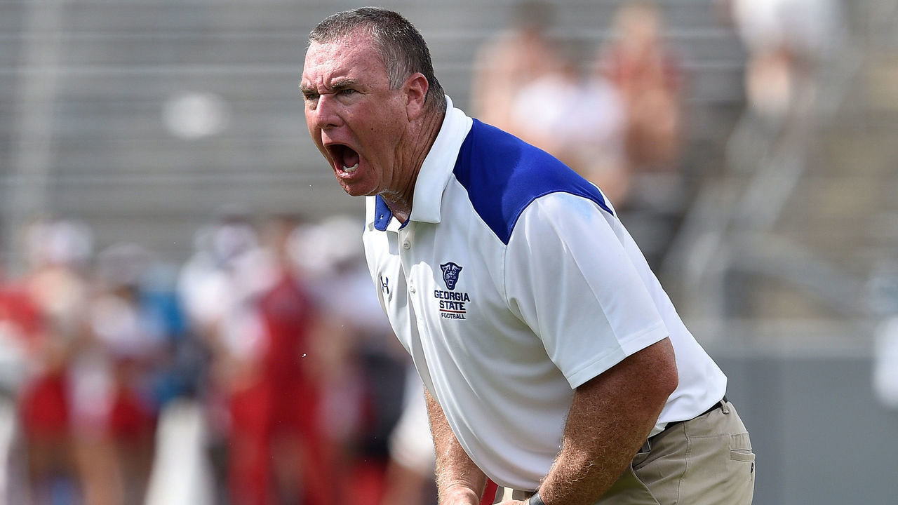 RALEIGH, NC - SEPTEMBER 08: Head coach Shawn Elliott of the Georgia State Panthers reacts during their game against the North Carolina State Wolfpack at Carter-Finley Stadium on September 8, 2018 in Raleigh, North Carolina. North Carolina Sate won 41-7.