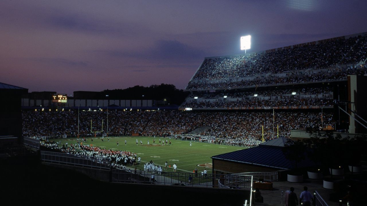 9 Sep 2000: A night view of the football field taken from the stands during a game between the Maryland Terrapins and the Temple Owls at Byrd Stadium in College Park, Maryland. The Terrapins defeated the Owls 17-10.Mandatory Credit: Doug Pensinger /Allsport