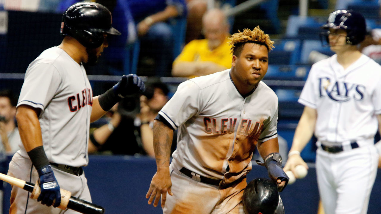 ST. PETERSBURG, FL SEPTEMBER 10: Jose Ramirez #11 of the Cleveland Indians heads for the dugout after scoring the lead run in the game against the Tampa Bay Rays at Tropicana Field on September 10, 2018 in St. Petersburg, Florida.
