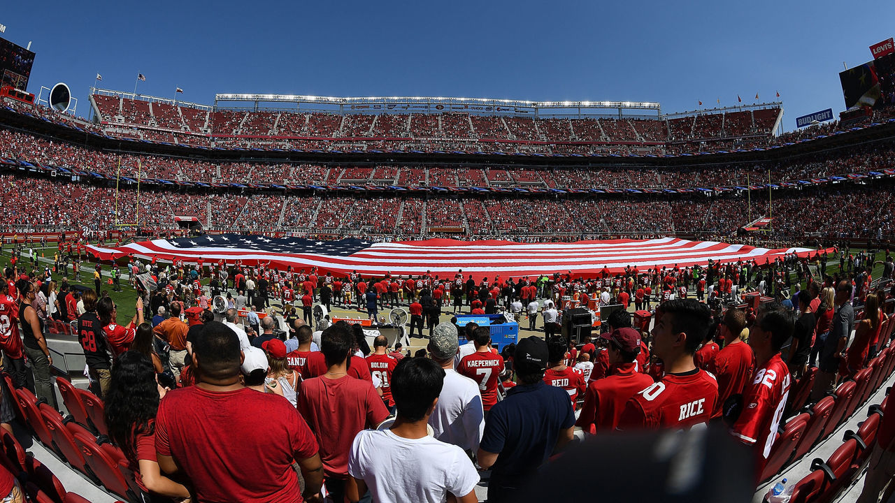 SANTA CLARA, CA - SEPTEMBER 10: Fan and players stand for the National Anthem prior to the start of an NFL football game between the Carolina Panthers and San Francisco 49ers at Levi's Stadium on September 10, 2017 in Santa Clara, California.