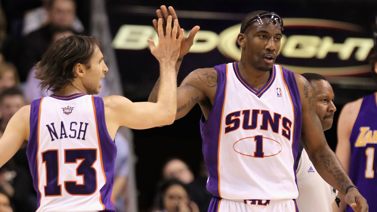 PHOENIX - MARCH 12: Amar'e Stoudemire #1 and Steve Nash #13 of the Phoenix Suns high-five during the NBA game against the Los Angeles Lakers at US Airways Center on March 12, 2010 in Phoenix, Arizona.