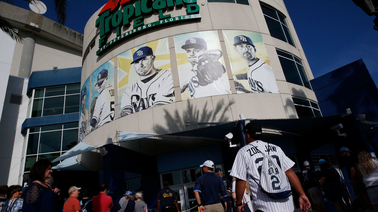 ST. PETERSBURG, FL - APRIL 2: Baseball fans arrive for the first game of the season on Opening Day before the start of a game between the Tampa Bay Rays and the New York Yankees on April 2, 2017 at Tropicana Field in St. Petersburg, Florida.