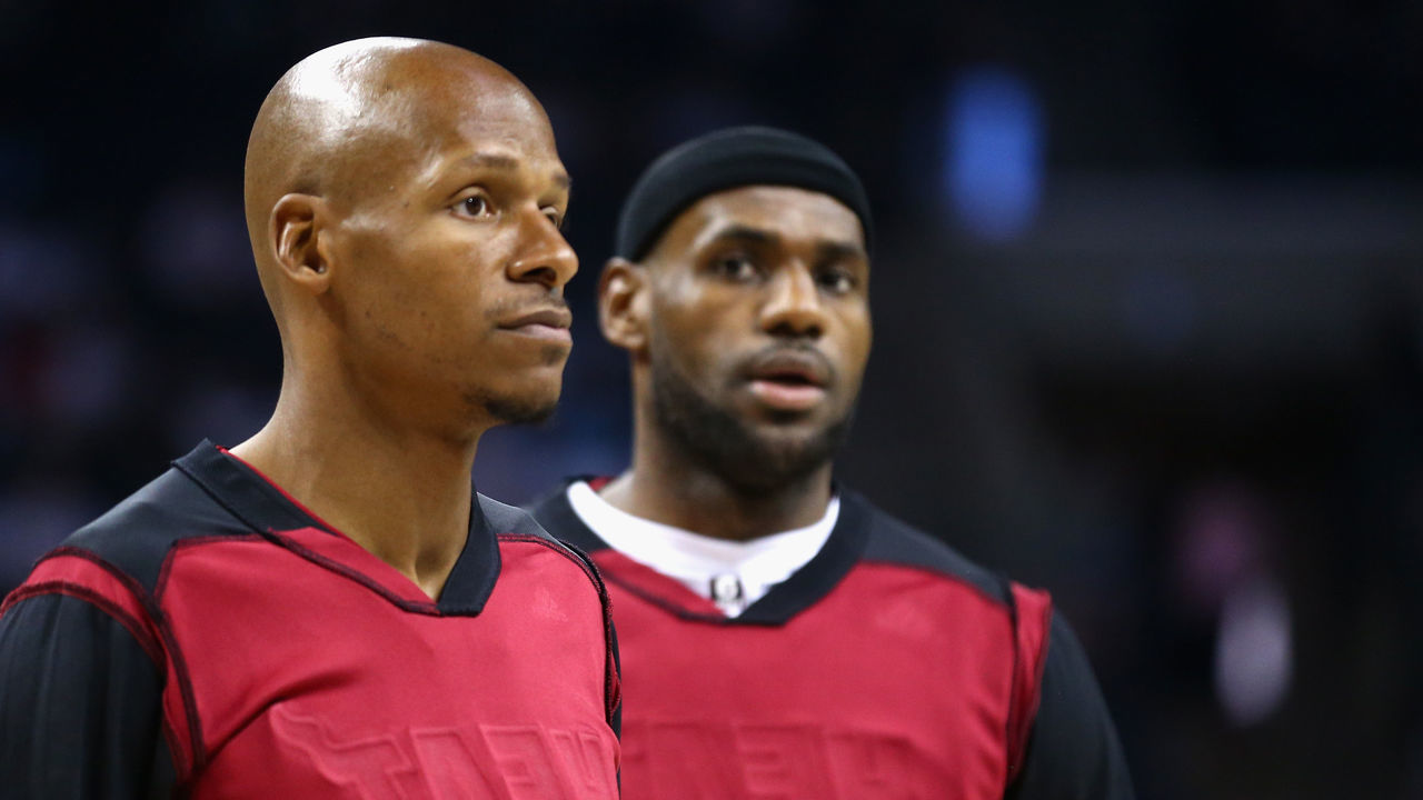 CHARLOTTE, NC - APRIL 28: Ray Allen #34 of the Miami Heat and teammate LeBron James #6 wear a black head band and inside out warm up jersey before their game against the Charlotte Bobcats in Game Four of the Eastern Conference Quarterfinals during the 2014 NBA Playoffs at Time Warner Cable Arena on April 28, 2014 in Charlotte, North Carolina.