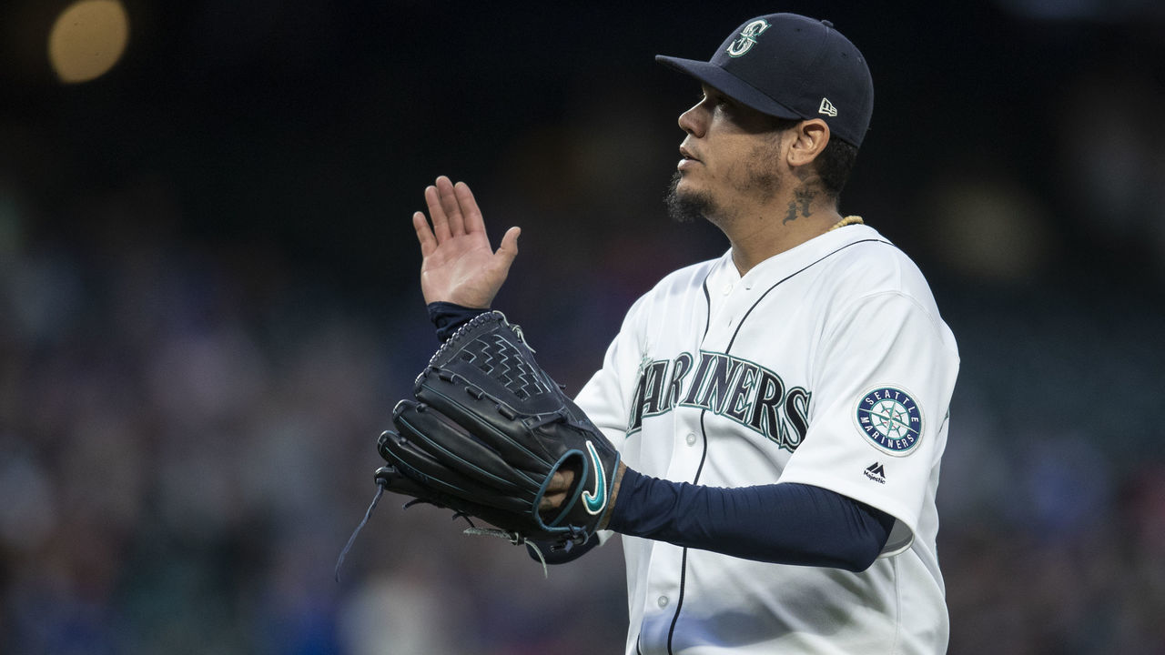 SEATTLE, WA - AUGUST 2: Starting pitcher Felix Hernandez #34 of the Seattle Mariners reacts as he walks off the field after pitching the fifth inning of a game against the Toronto Blue Jays at Safeco Field on August 2, 2018 in Seattle, Washington. The Blue Jays won 7-3.